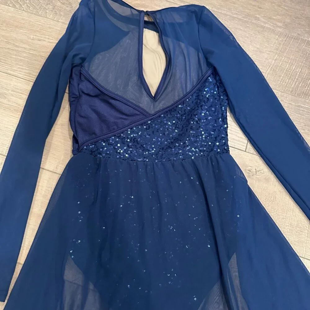 Balera Navy Blue Long Sleeve Dance Costume With Sequin Bodice & Mesh Skirt MA - Picture 8 of 9